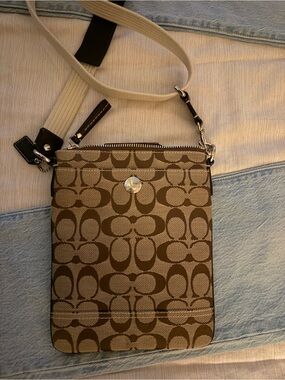 Coach Brown Signature Monogram Crossbody with Beige Strap